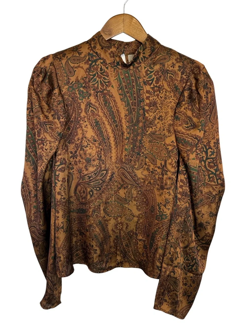NWT H&M Puff Sleeve Blouse Paisley Brown Neutrals Maximalist Grandma Office S